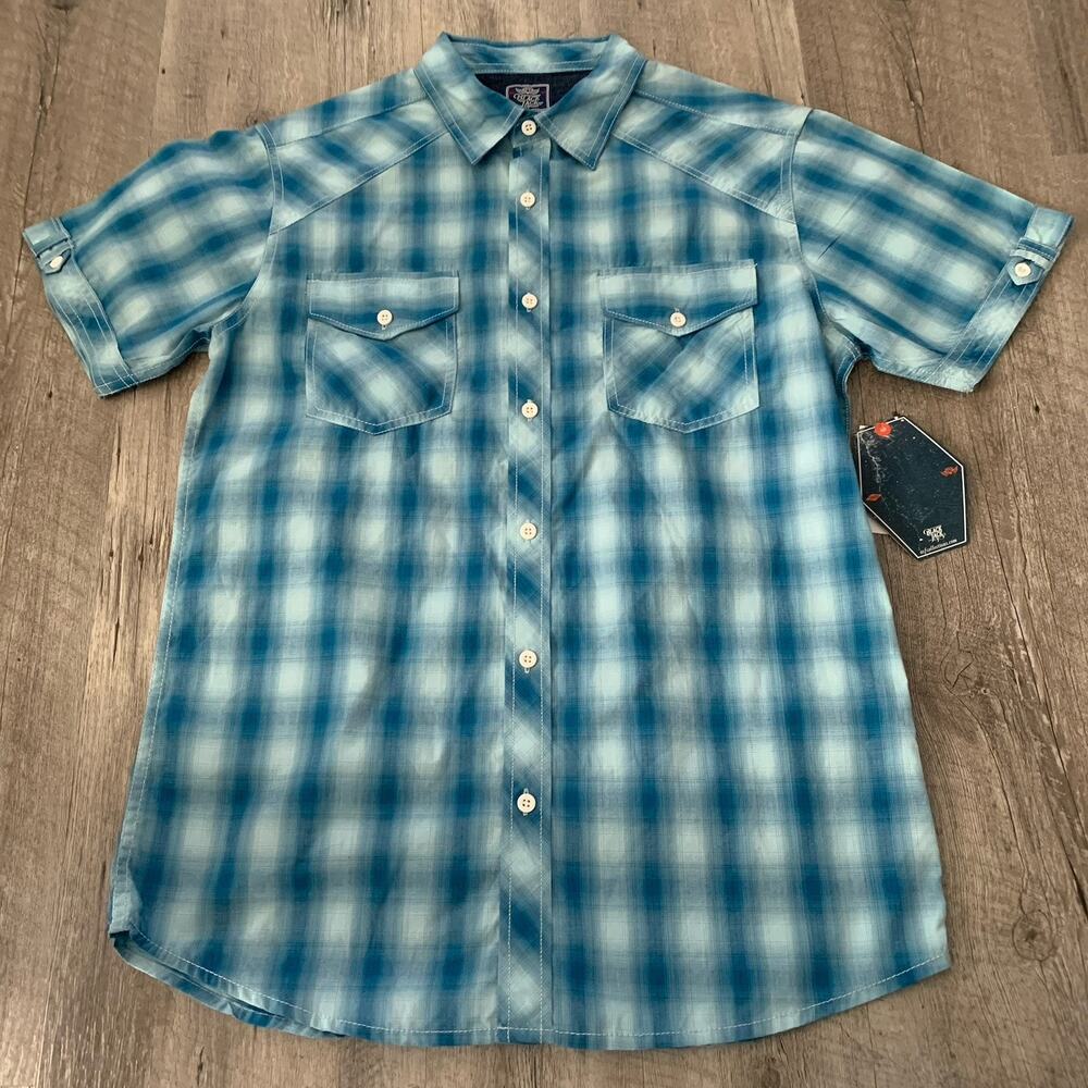 Black Jack Blue Plaid Shirt Mens Sz Medium Short Sleeve Blue Plaid Pockets NEW